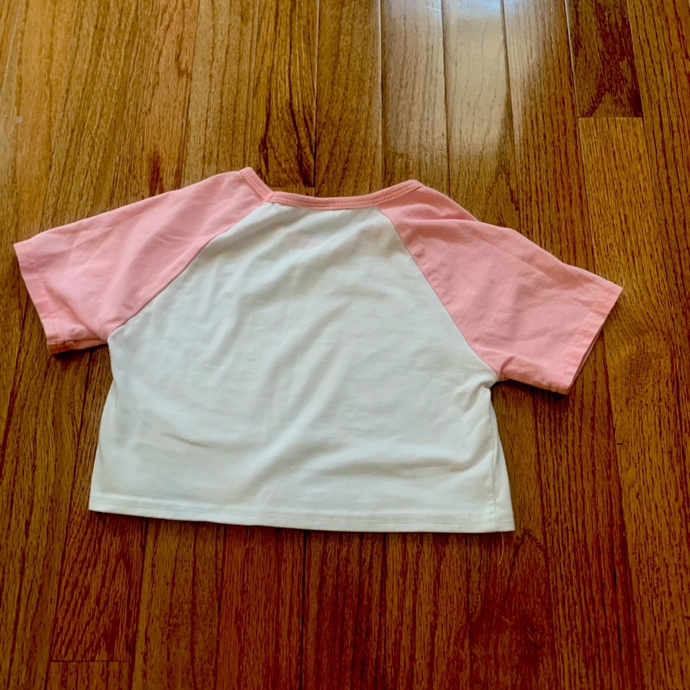 SHEIN pink and white cropped shirt.